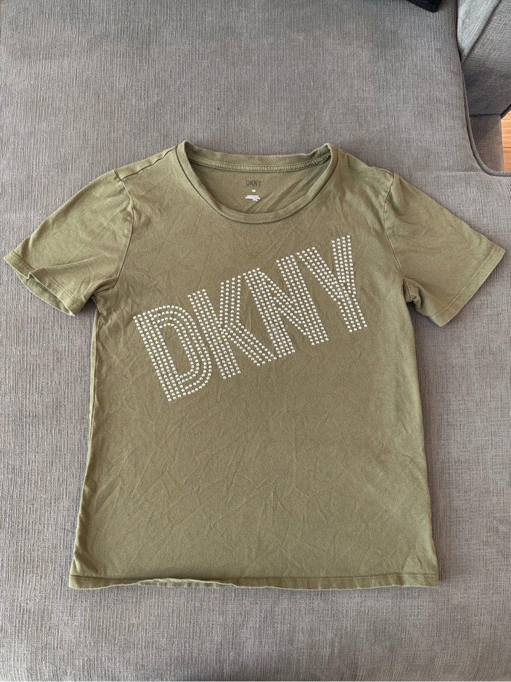 DKNY Olive Green Short Sleeve Tee with Studded Logo Across Front